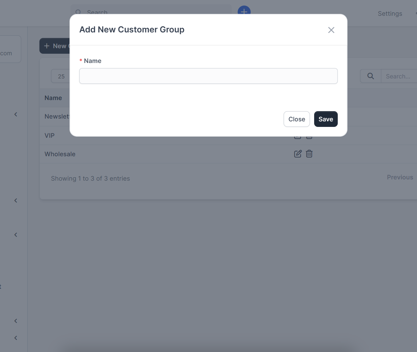 Add New Customer Group window in Perfex CRM customer groups with the name field