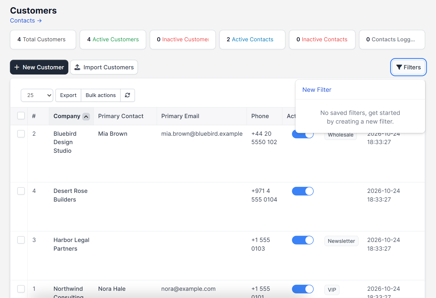 Filters menu on the customer list used to segment customers in Perfex CRM