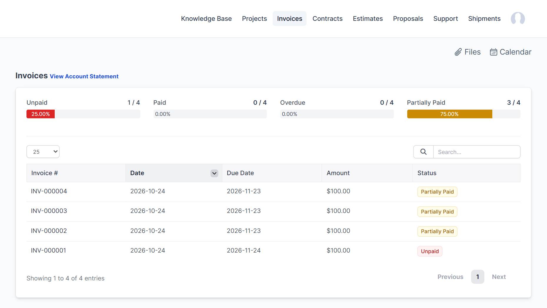 Invoices page in the Perfex CRM customer portal with unpaid and partially paid invoices