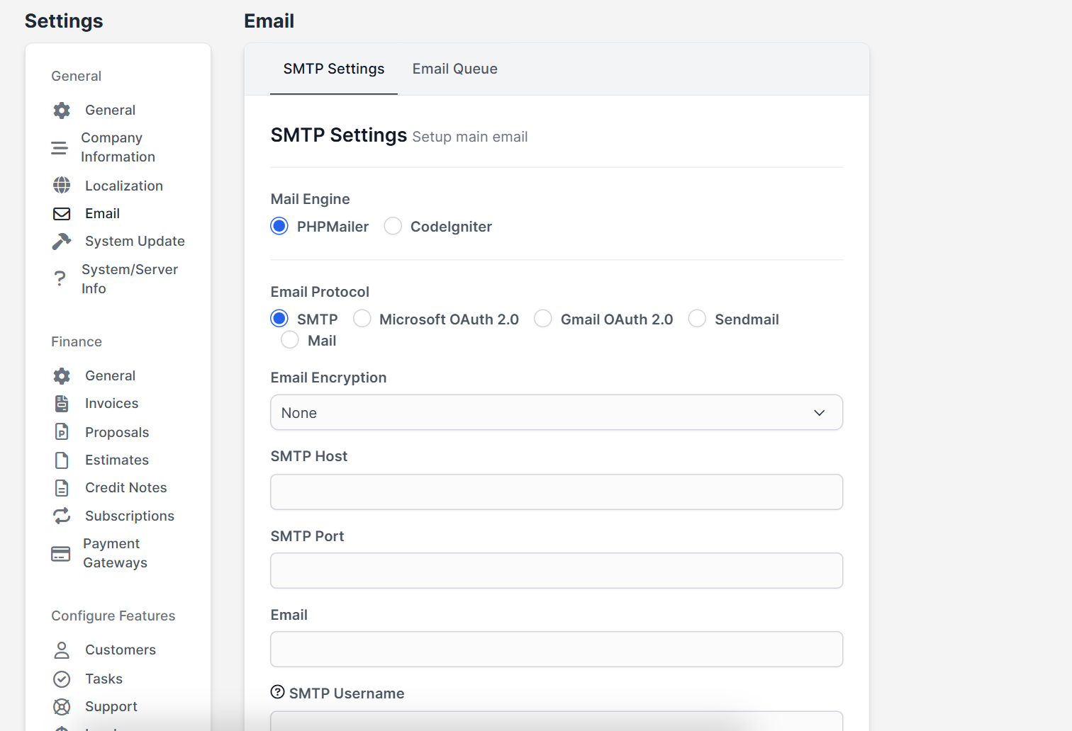 Email settings page to check when Perfex CRM email not sending