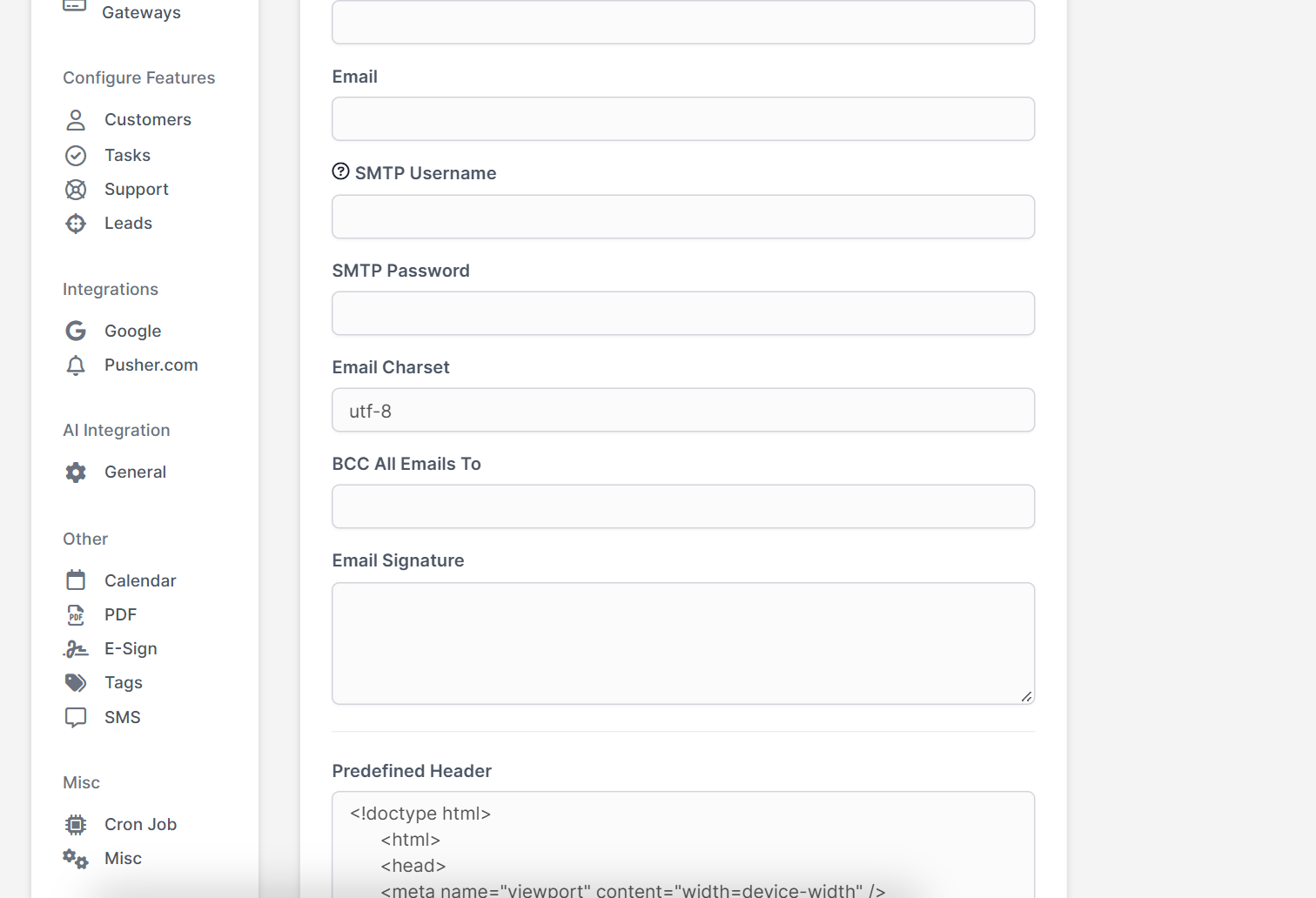 SMTP test email field in the Perfex CRM email settings