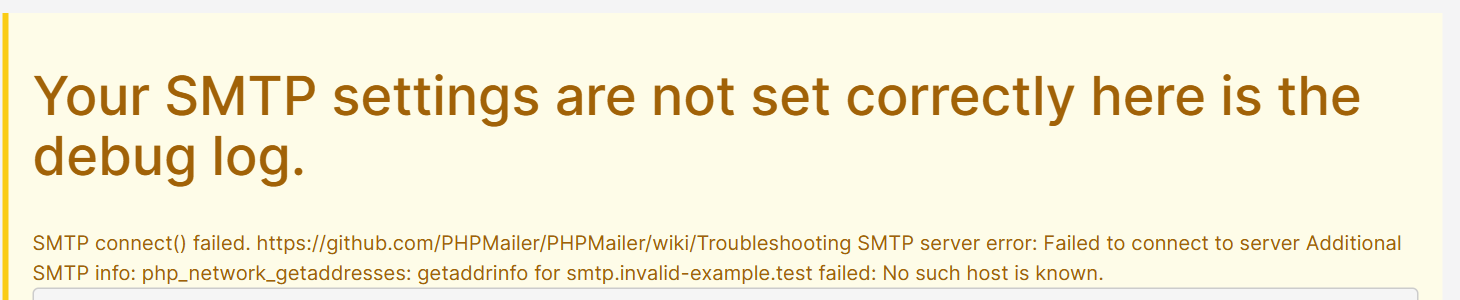 SMTP error shown in the debug log after an SMTP test email in Perfex CRM
