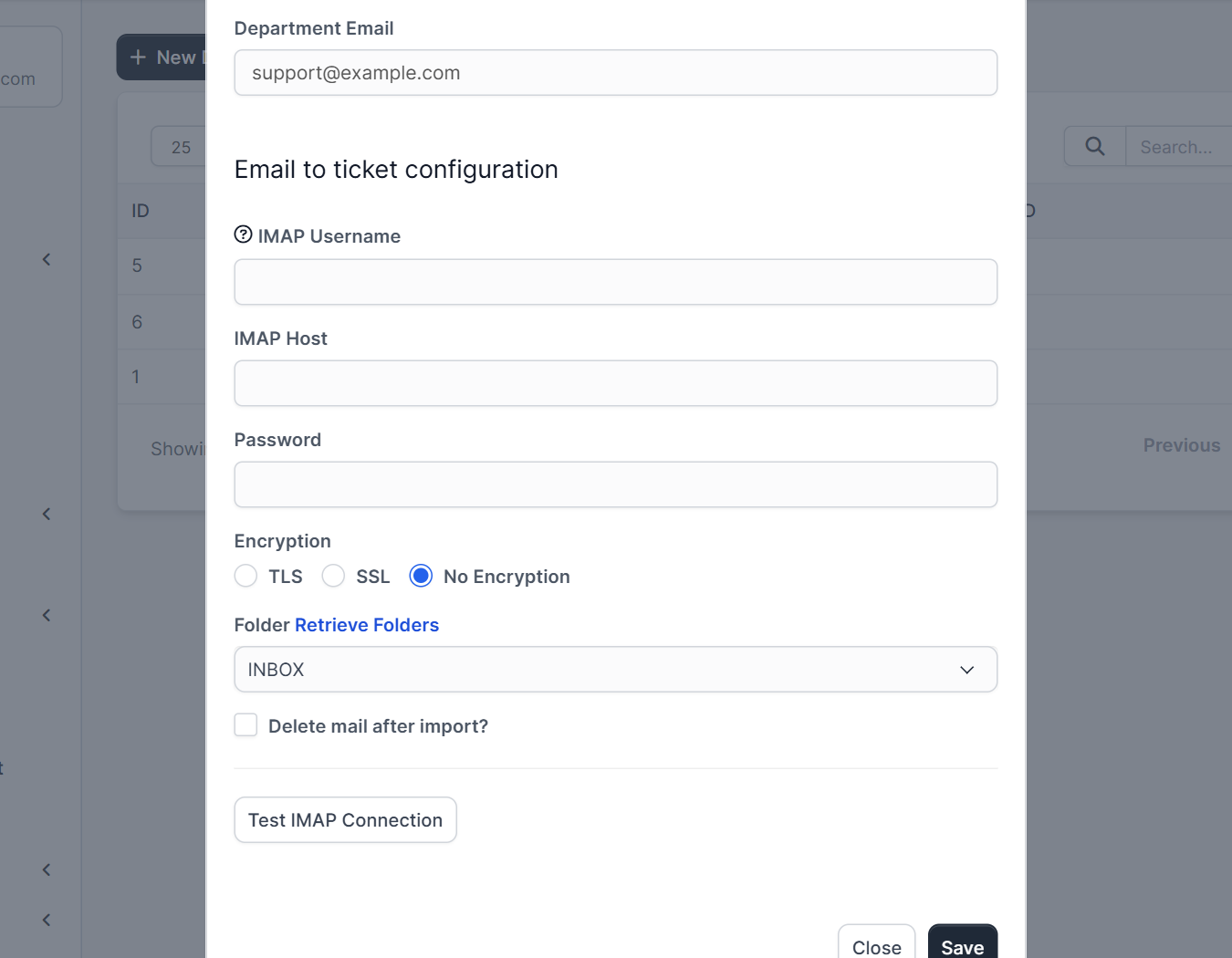 Perfex CRM email piping settings in the department form with IMAP fields
