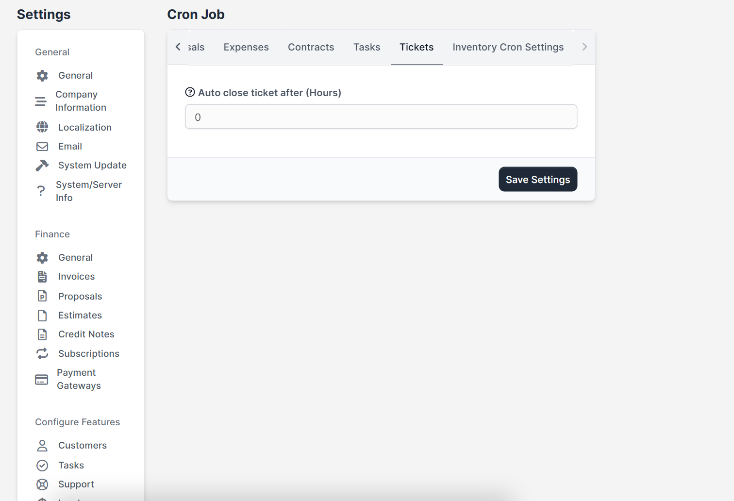 Perfex CRM email piping needs the cron job: Tickets tab with auto close option