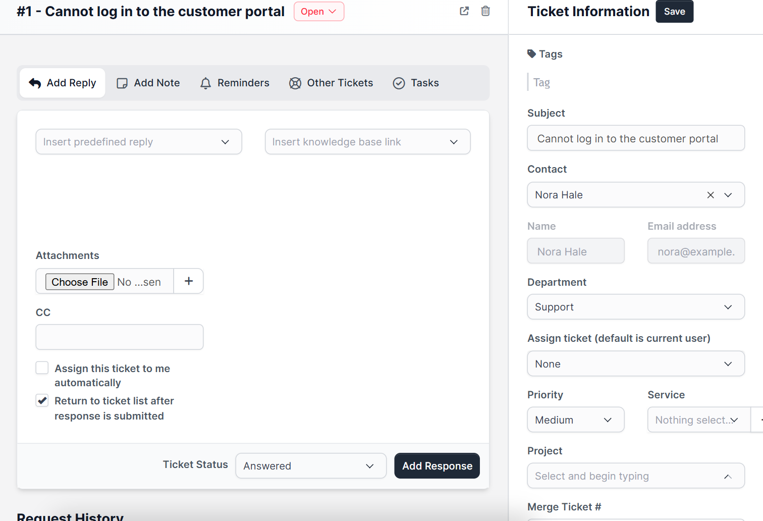 Ticket created by Perfex CRM email piping with reply box