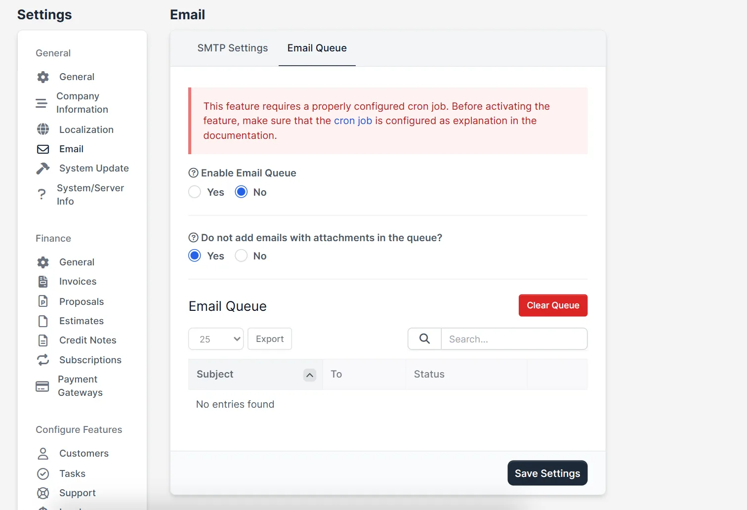 Perfex CRM email queue tab with the enable queue option and the queued emails table