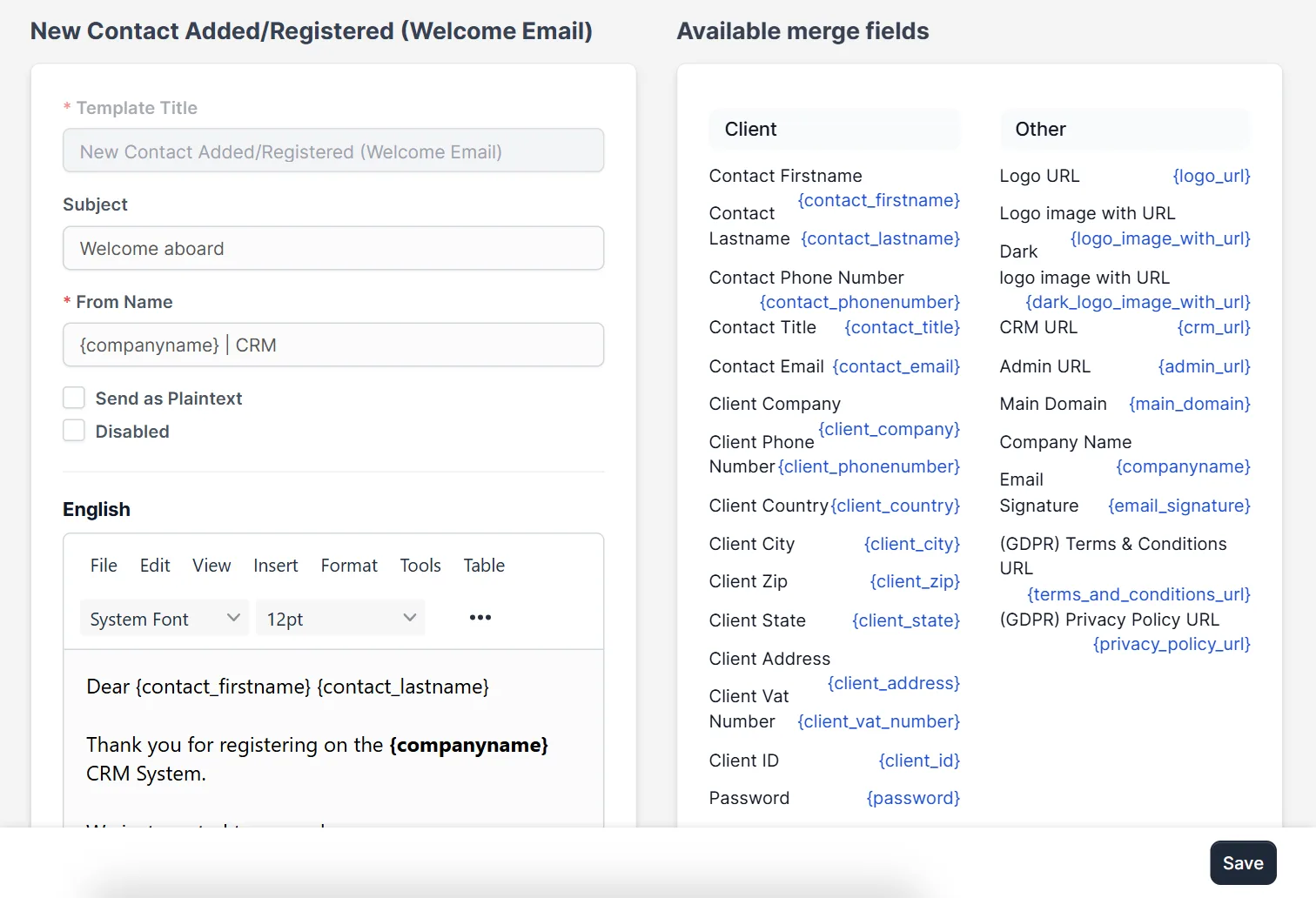 Perfex CRM email templates editor with subject, from name and merge fields