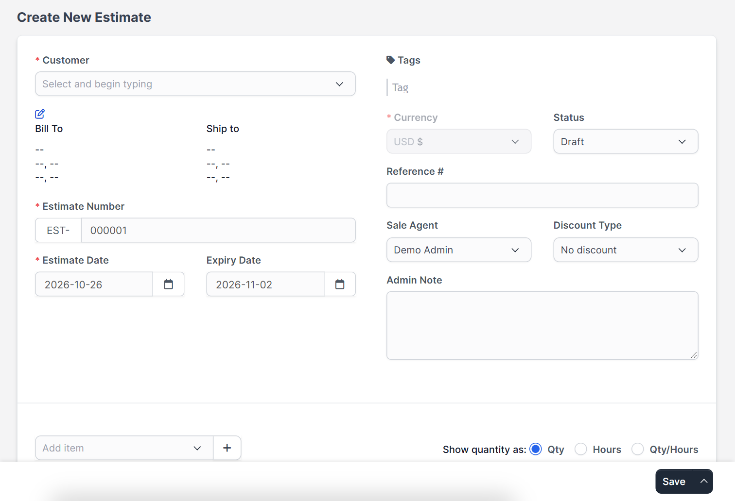Create New Estimate form for Perfex CRM estimates