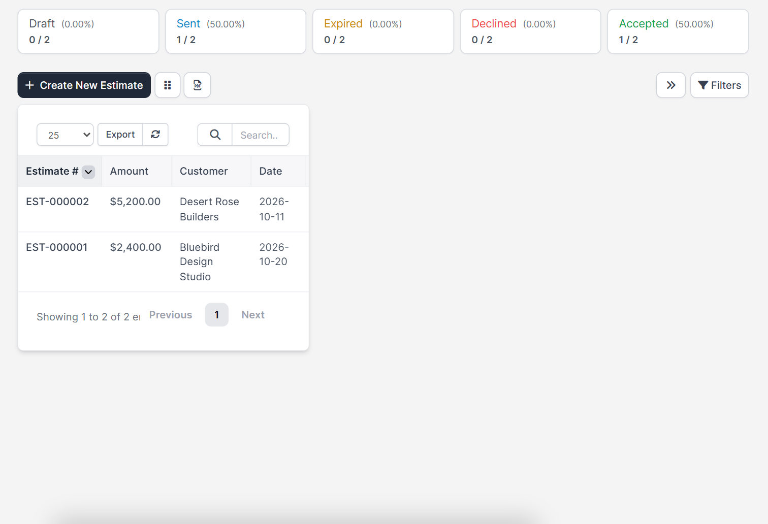 Estimates list with a sent and an accepted estimate in Perfex CRM estimates