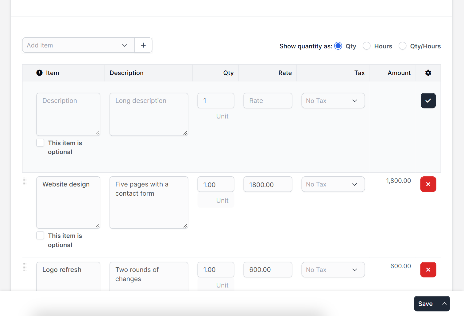 Estimate items table with description, quantity, rate and tax in Perfex CRM estimates