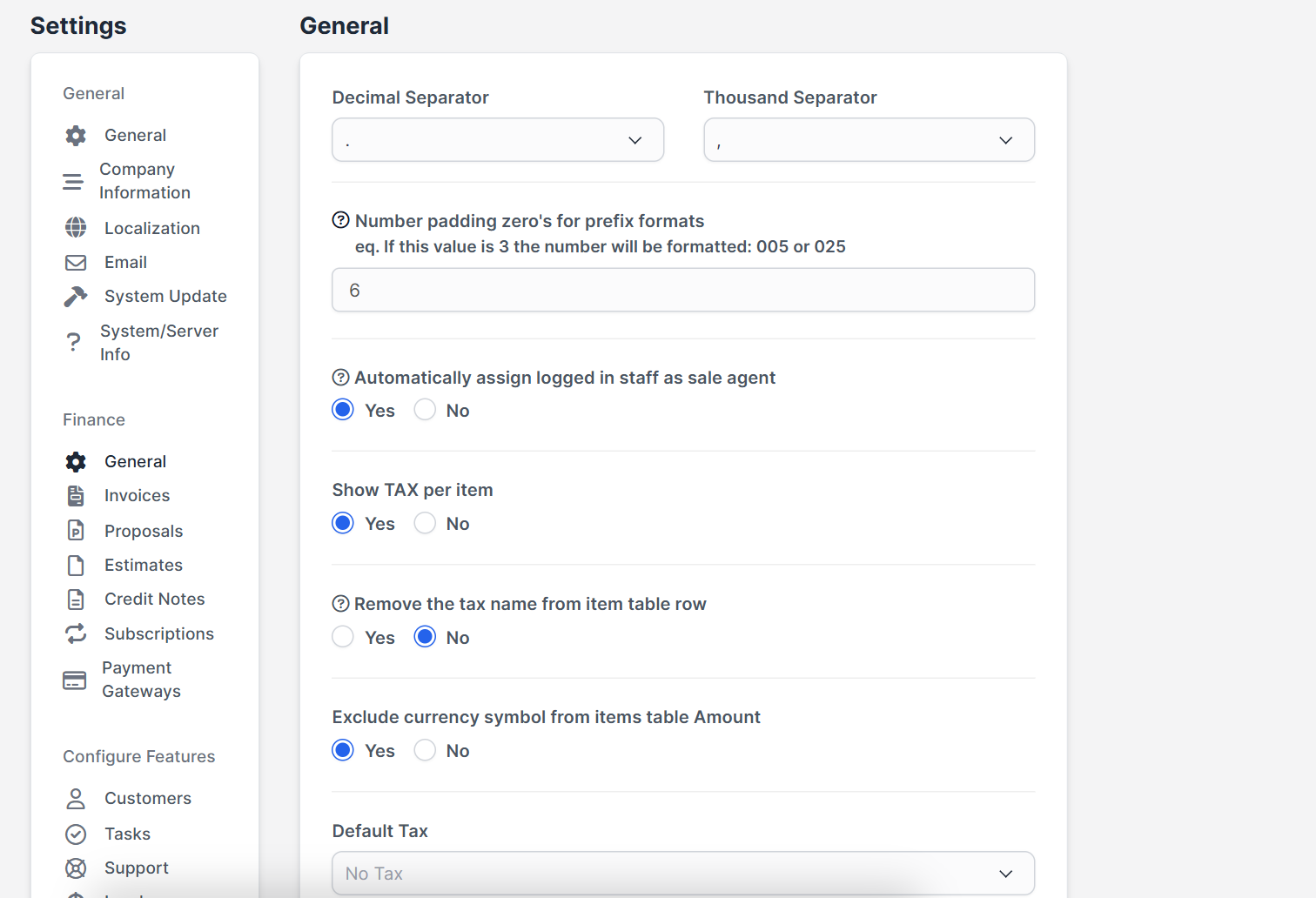 Finance General settings that affect Perfex CRM estimates