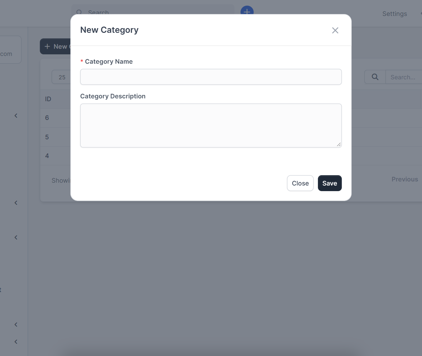 New Category window for Perfex CRM expense categories with name and description