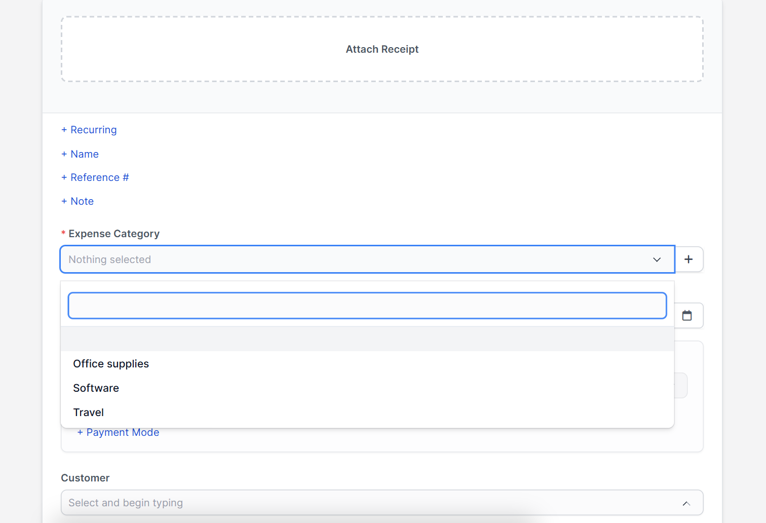 Expense category field on the record expense form in Perfex CRM expense categories