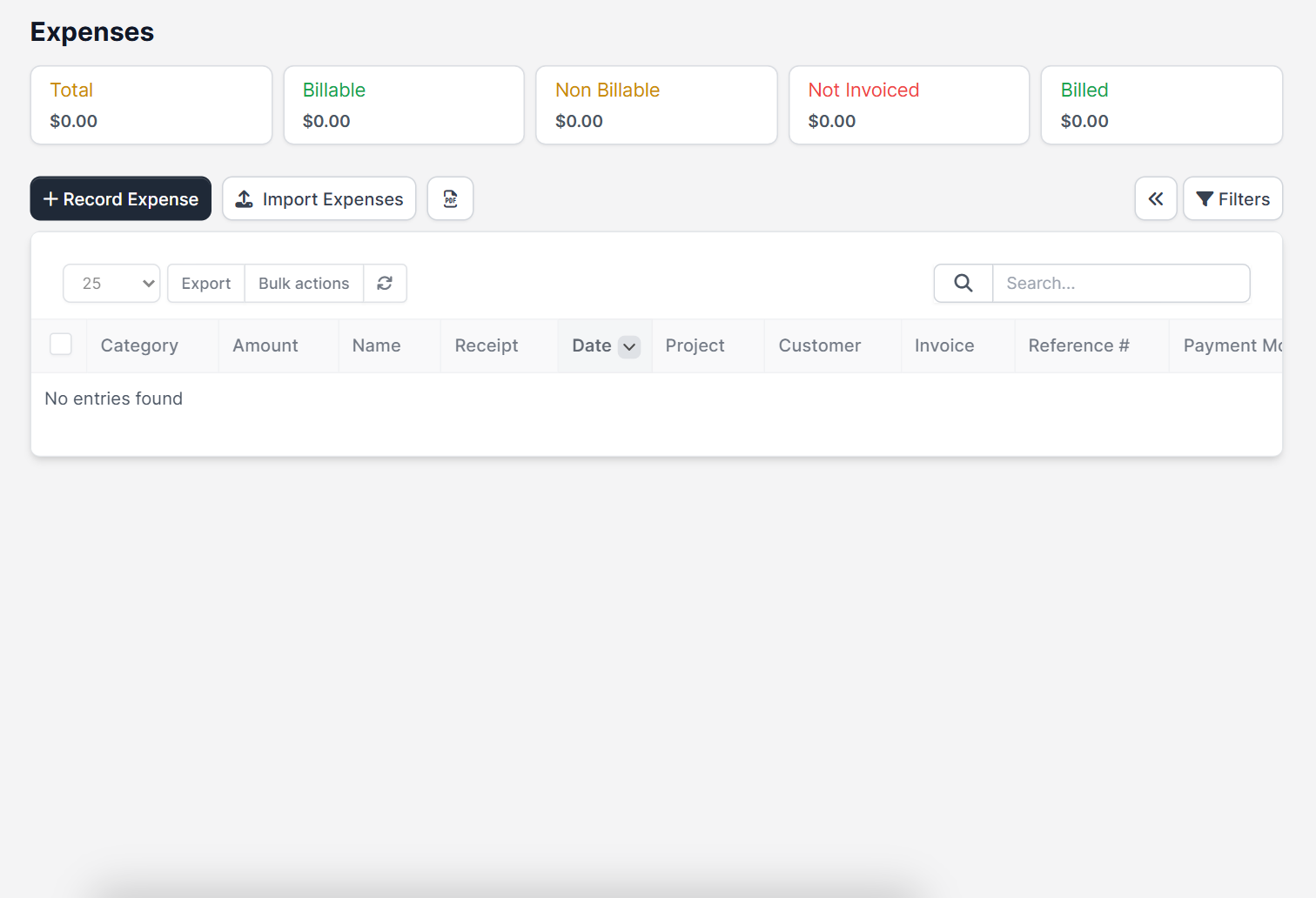 Expenses page with totals after you choose an expense category in Perfex CRM