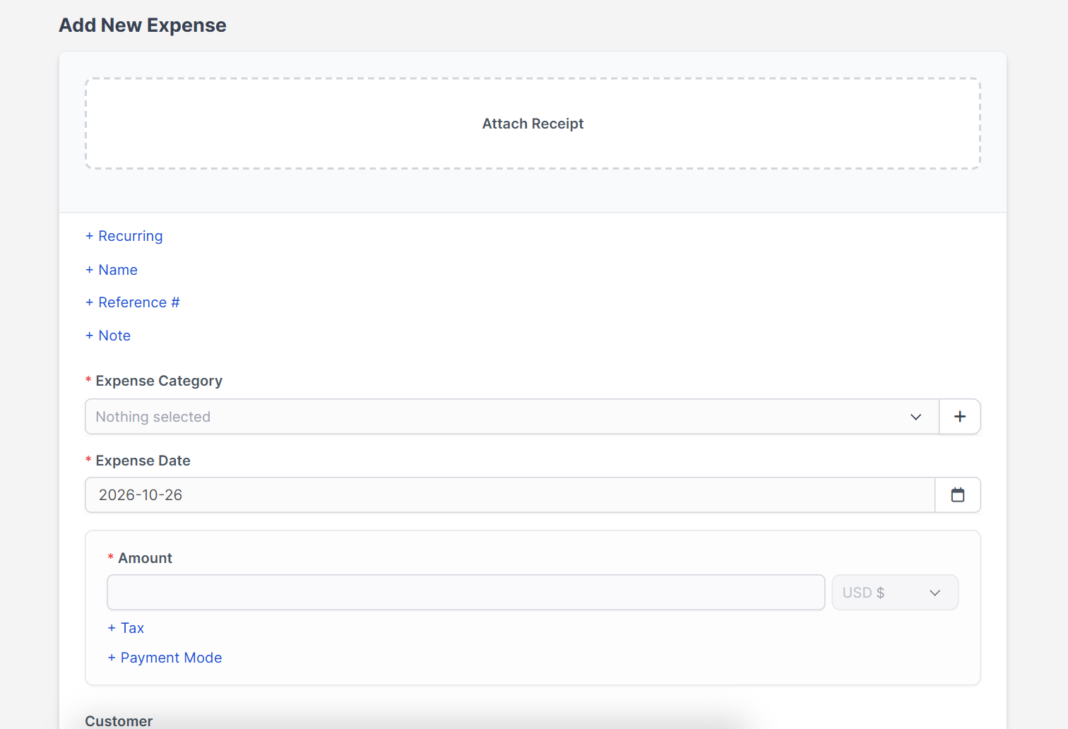 Add New Expense form with Attach Receipt in Perfex CRM expenses