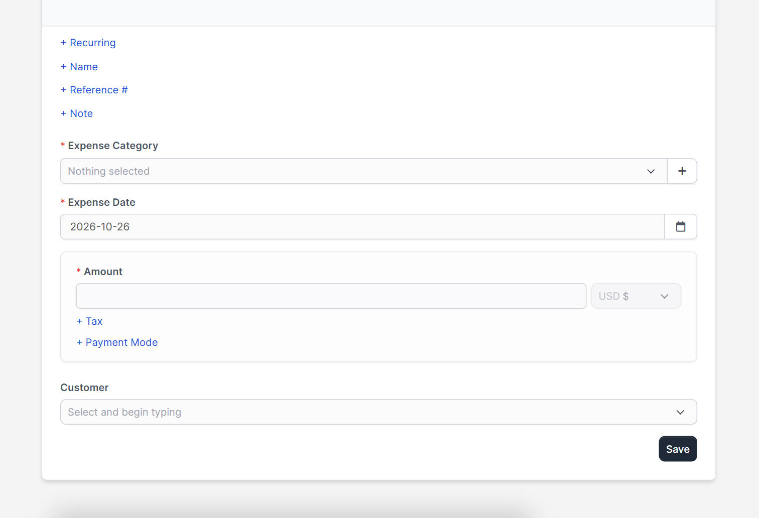 Expense category, date, amount and customer fields in Perfex CRM expenses