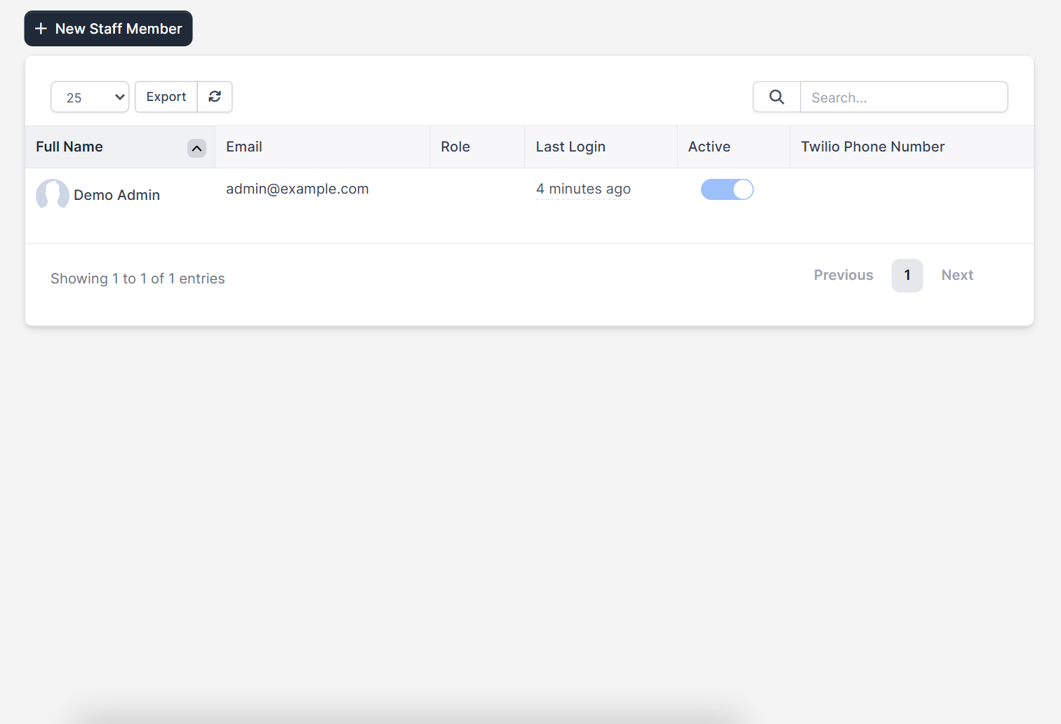 Staff list with the Active switch to check when you Perfex CRM forgot password