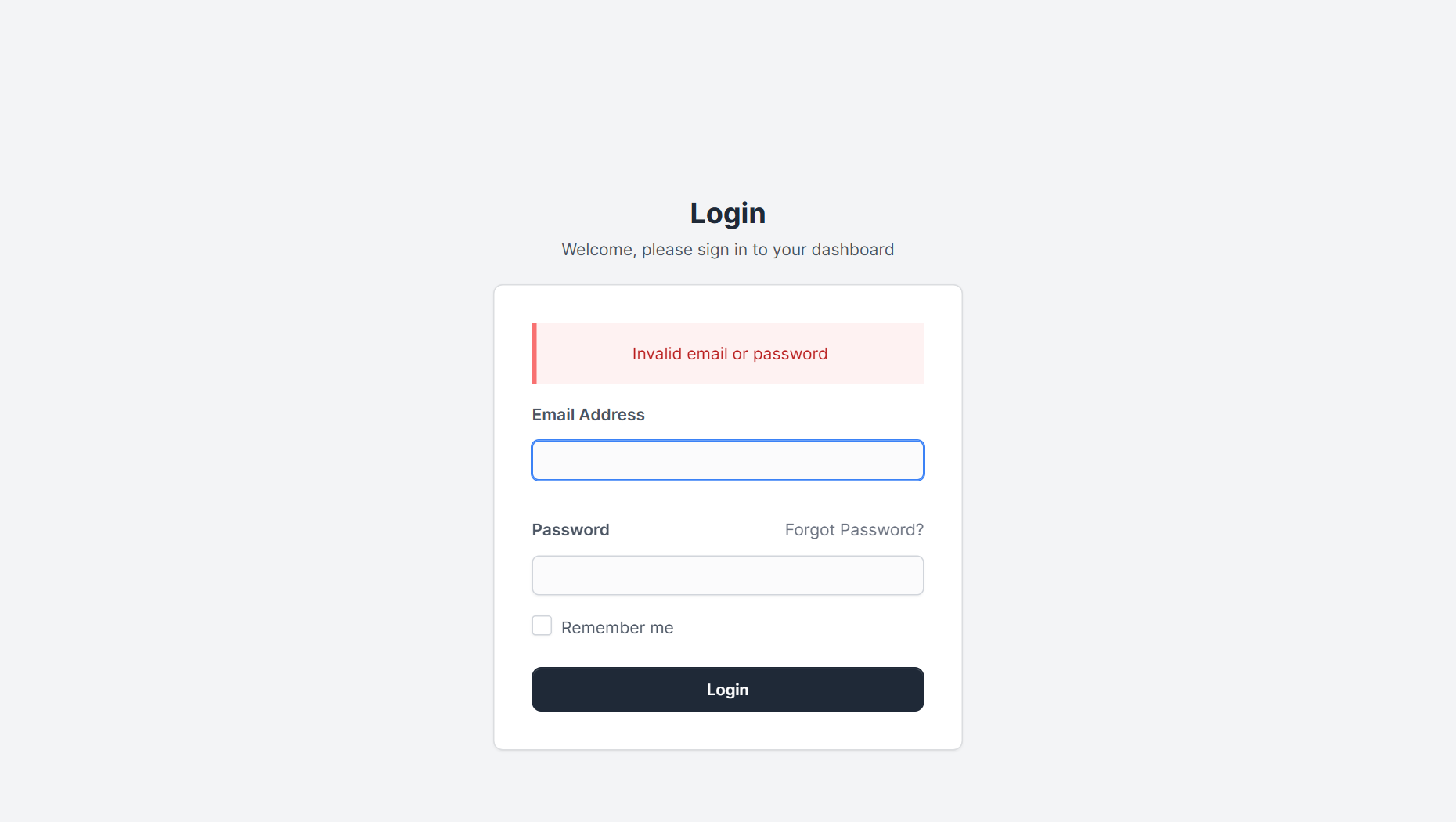 Invalid email or password message on the Perfex CRM login page