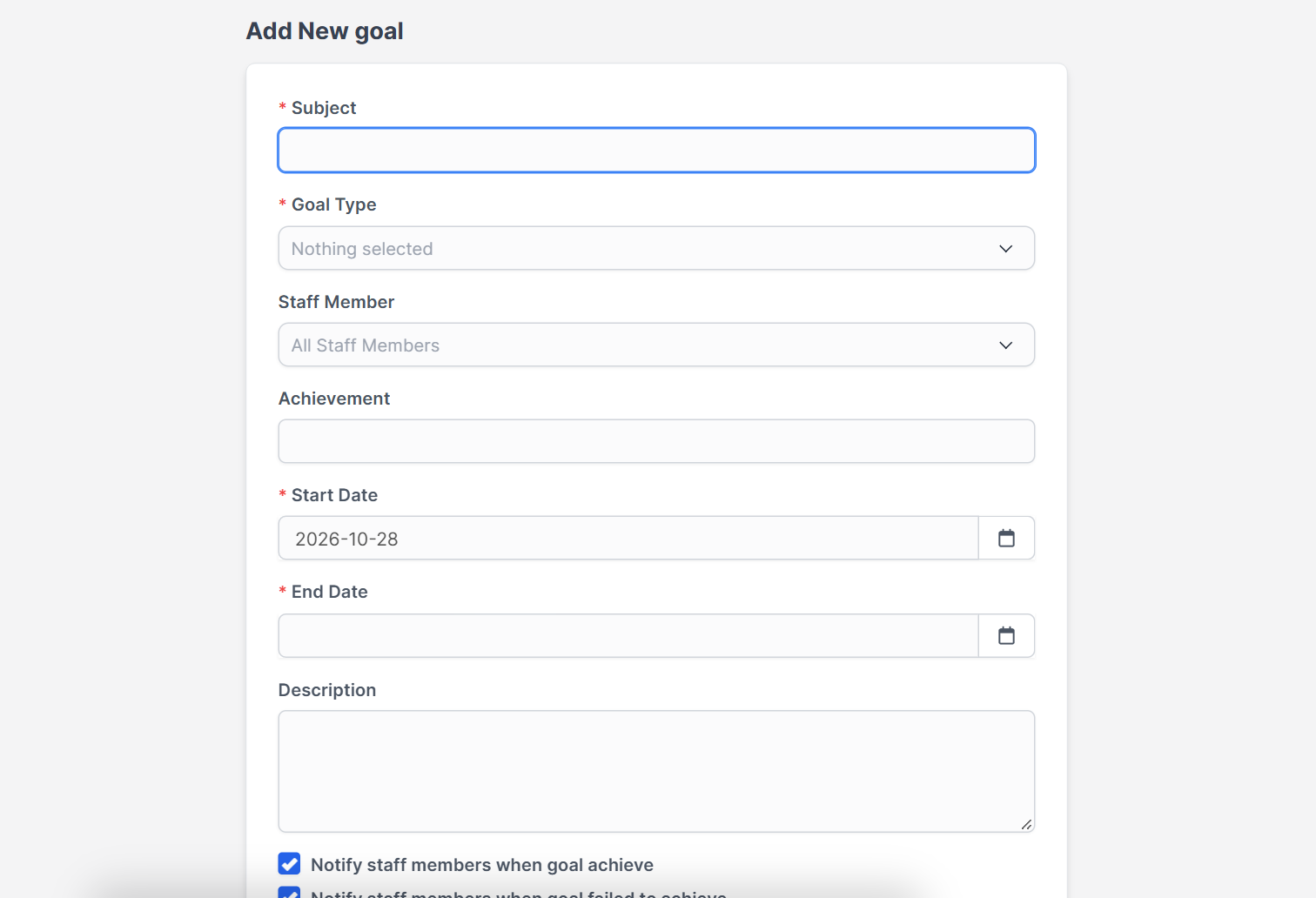New goal form in Perfex CRM goals with subject, goal type, staff member and dates