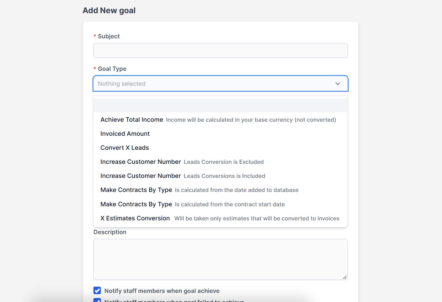 Goal type list when you add Perfex CRM goals