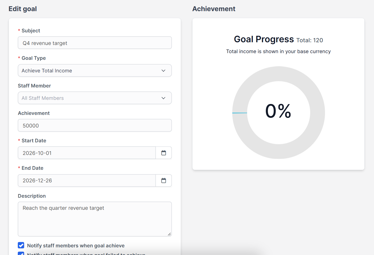 Goal progress circle on a Perfex CRM goals edit page