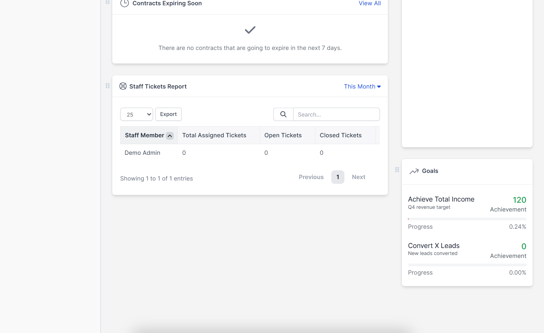 Goals widget on the Perfex CRM goals dashboard with achievement and progress