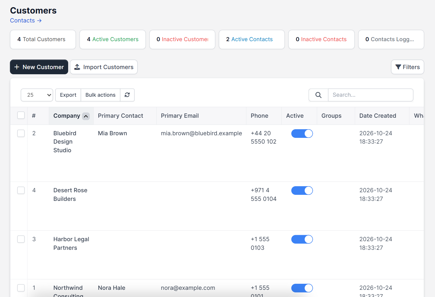 Customers list with the Import Customers button for Perfex CRM import customers