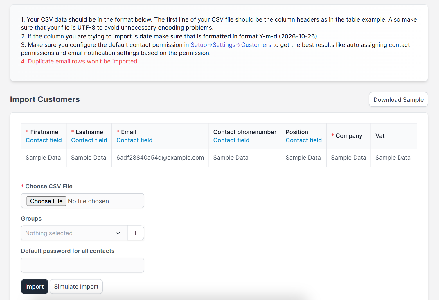 Import Customers page with the required fields for Perfex CRM import customers
