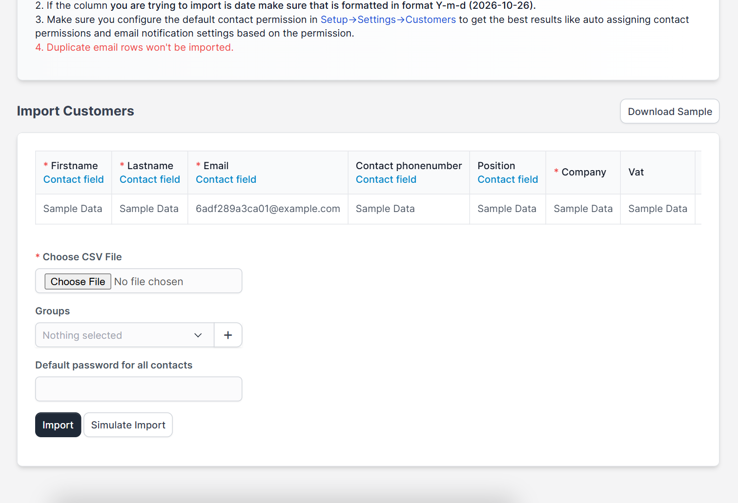 Group, default password and Simulate Import options when you Perfex CRM import customers