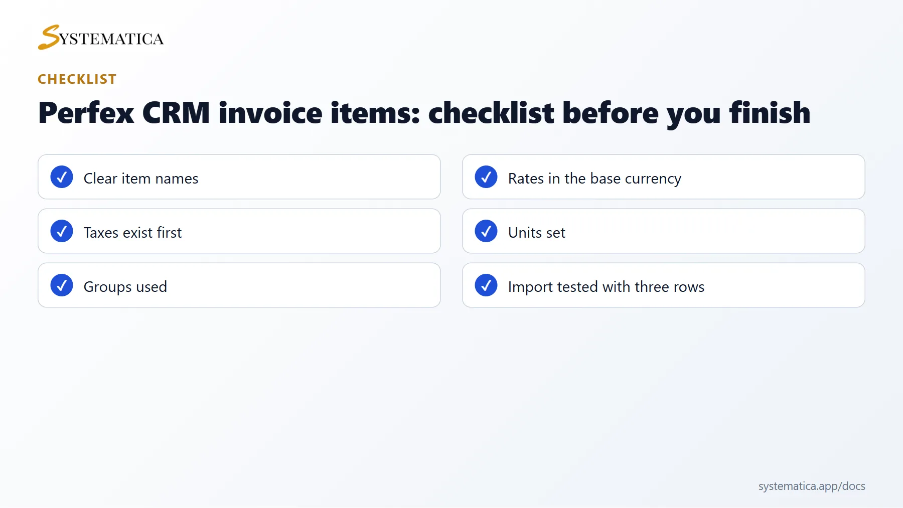 Perfex CRM invoice items checklist before you finish