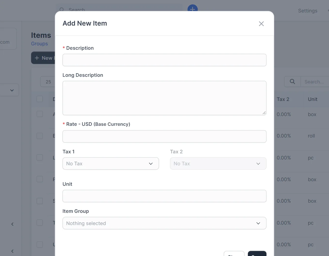 Perfex CRM invoice items form with description, rate, taxes, unit and group