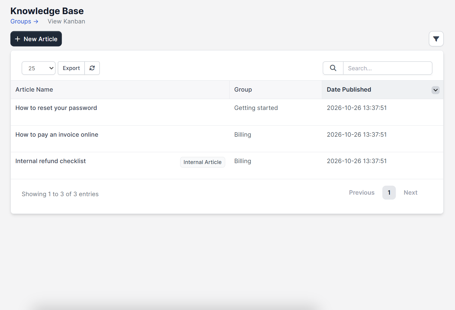 Perfex CRM knowledge base article list with group and date published