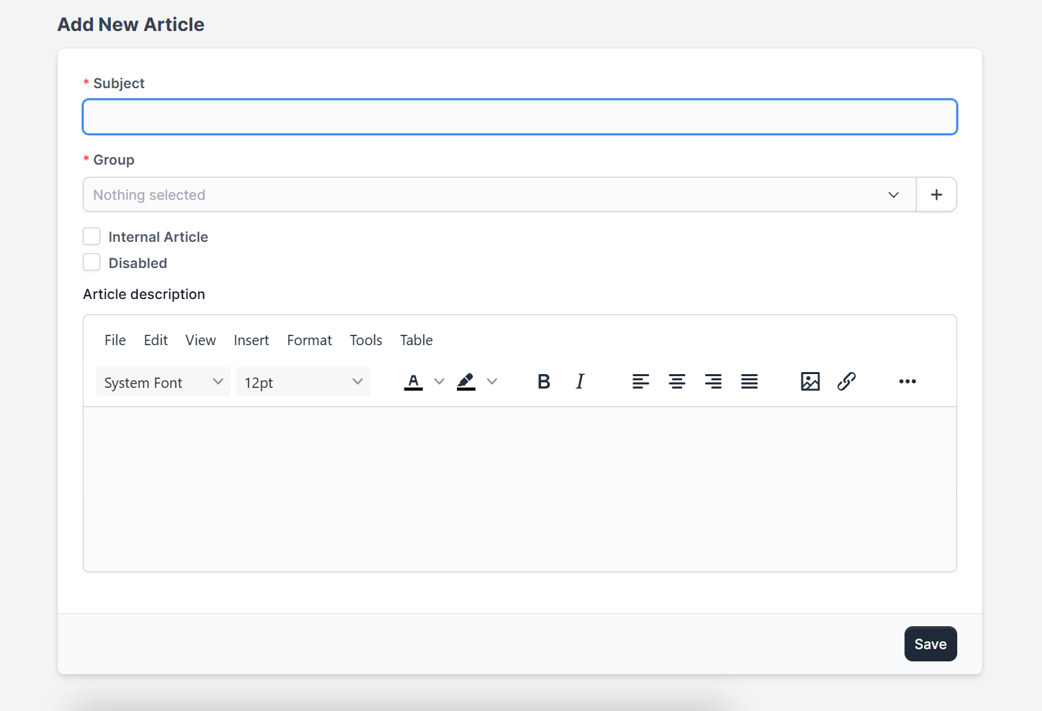 Add New Article form for the Perfex CRM knowledge base