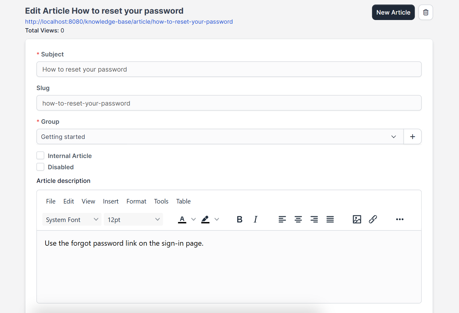 Editing an article in the Perfex CRM knowledge base