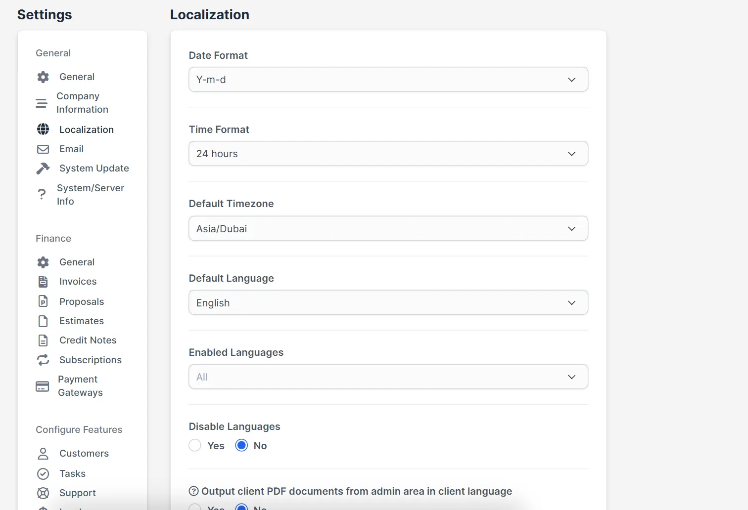 Perfex CRM language settings screen with date format, time zone and default language