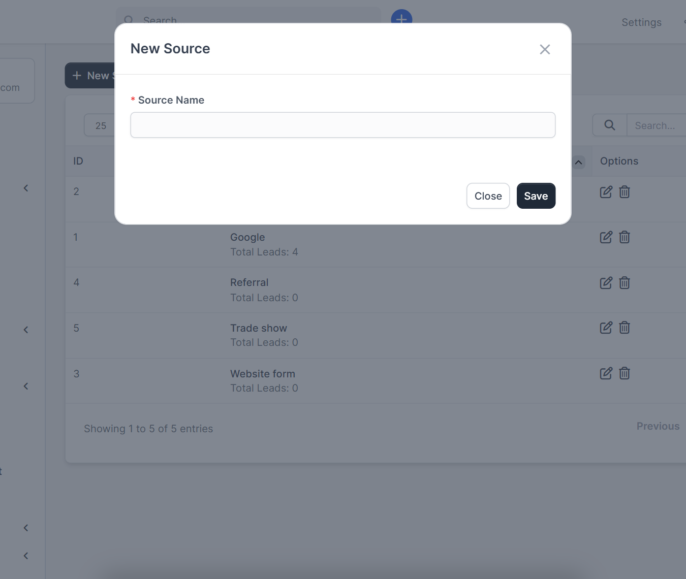 New Source window for Perfex CRM lead sources with the source name field