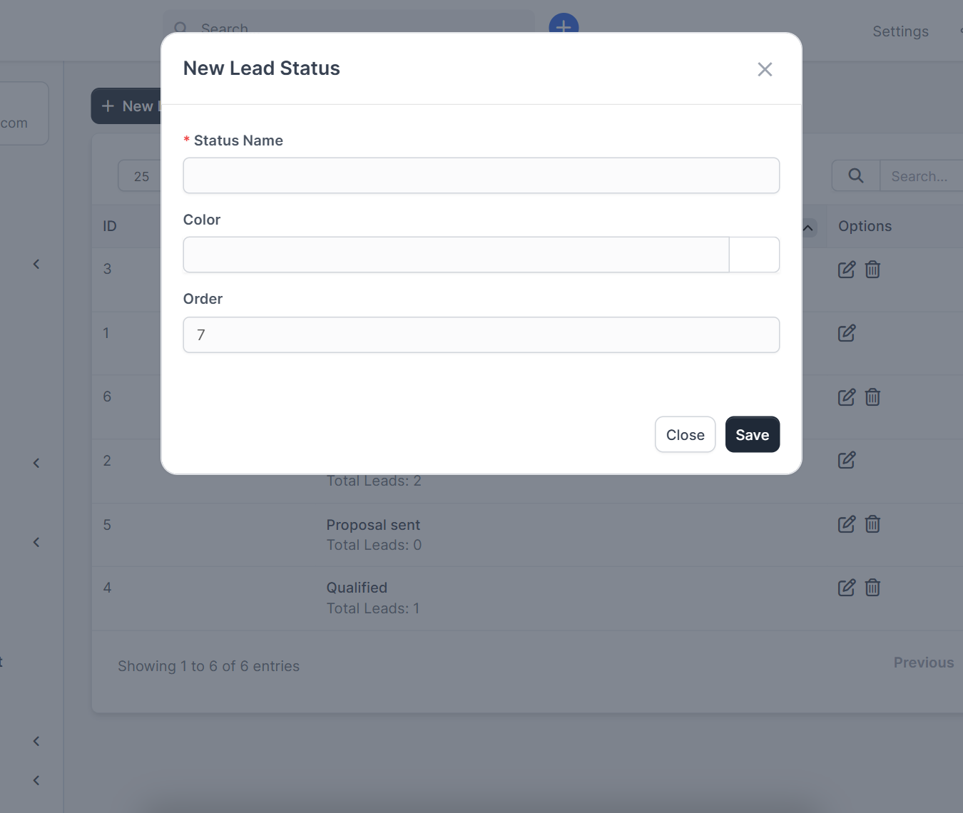 New Lead Status window with status name, color and order for Perfex CRM lead sources