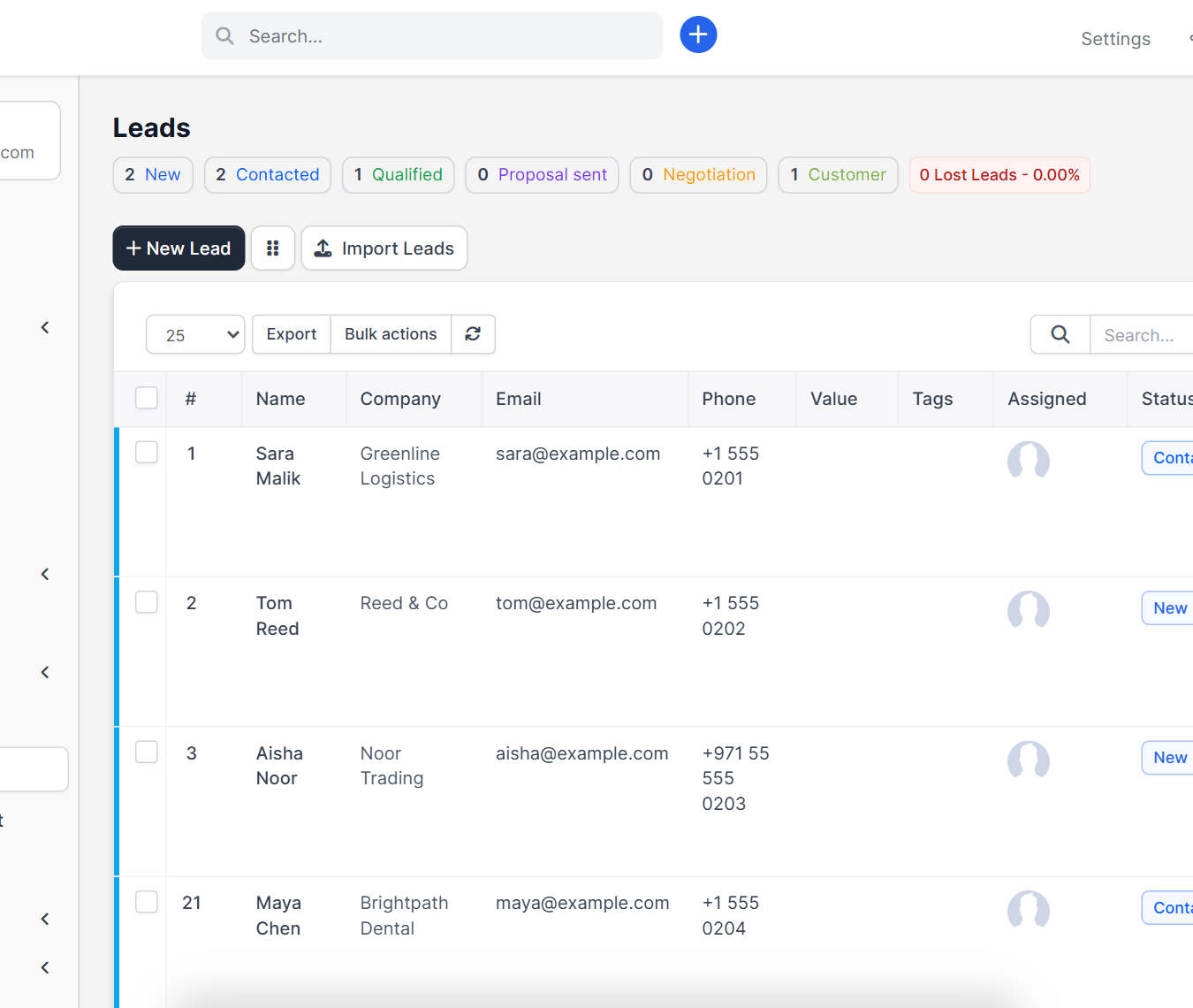 Leads page with colored lead status counters set in Perfex CRM lead sources