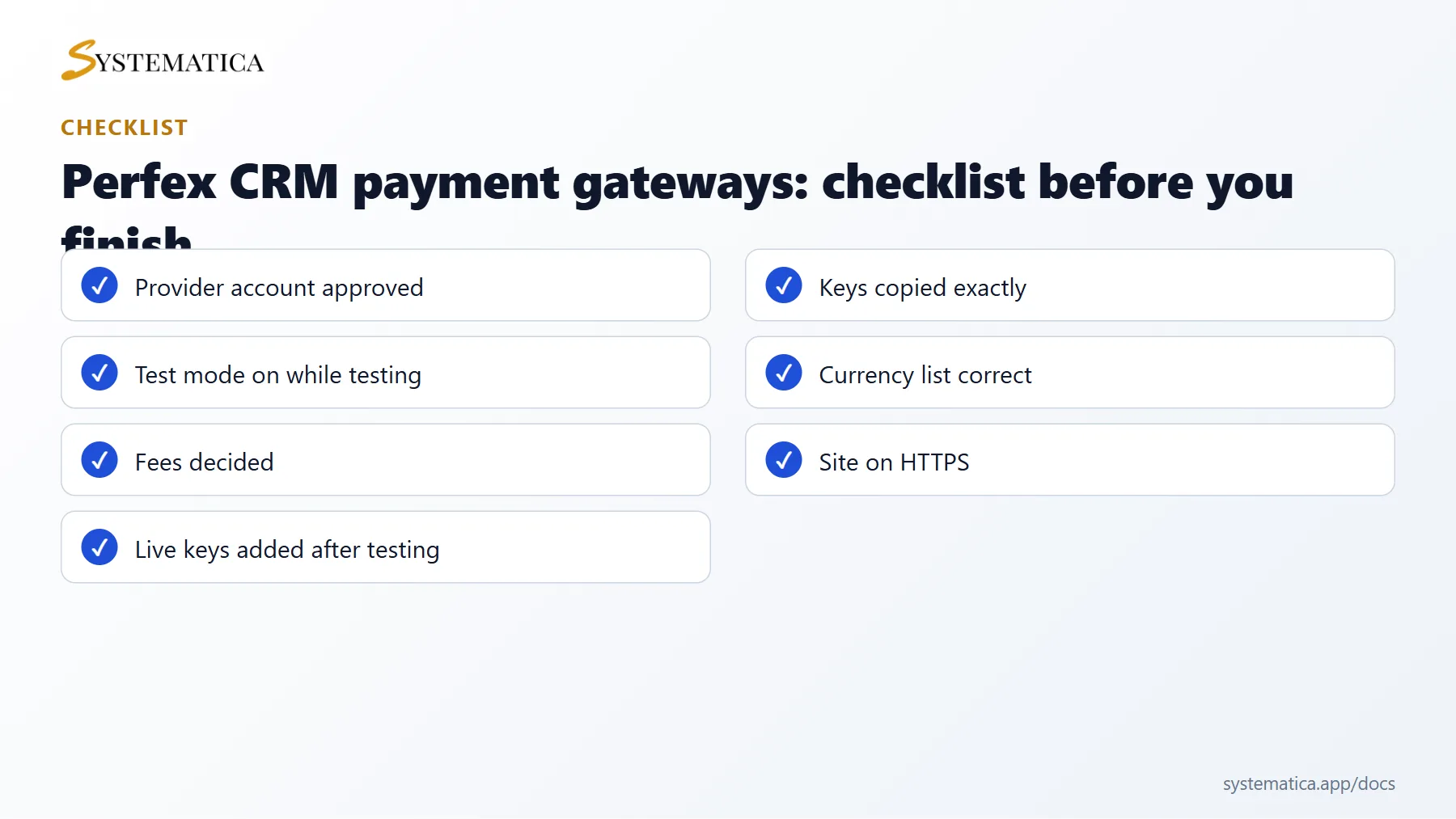 Perfex CRM payment gateways checklist before you finish