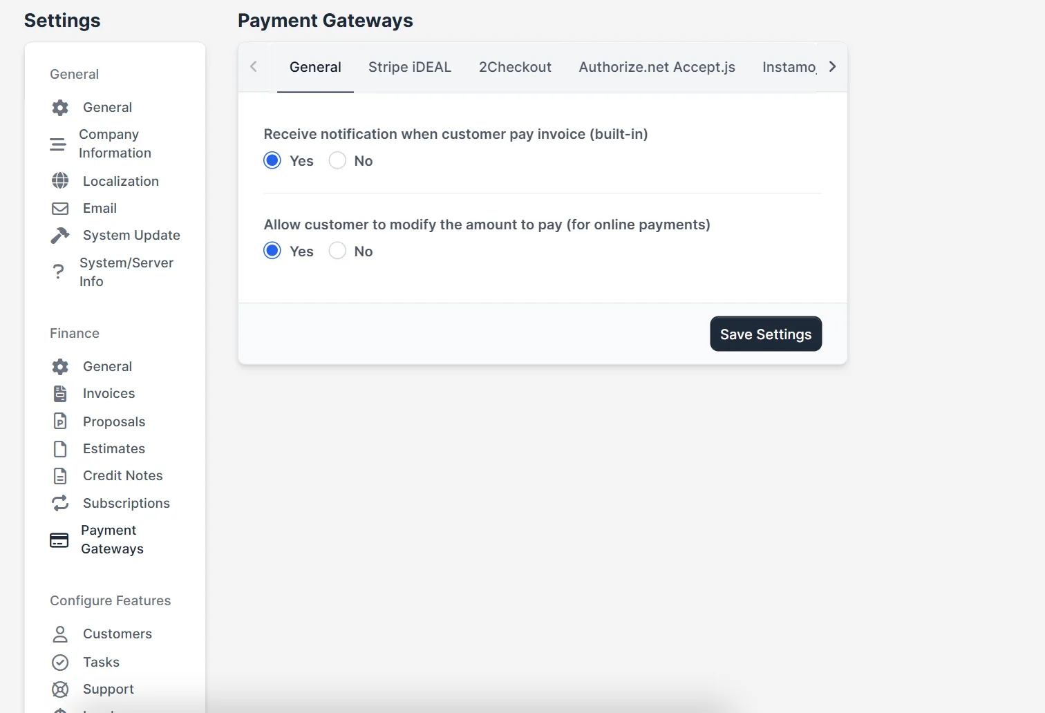 Perfex CRM payment gateways settings with Stripe and PayPal options