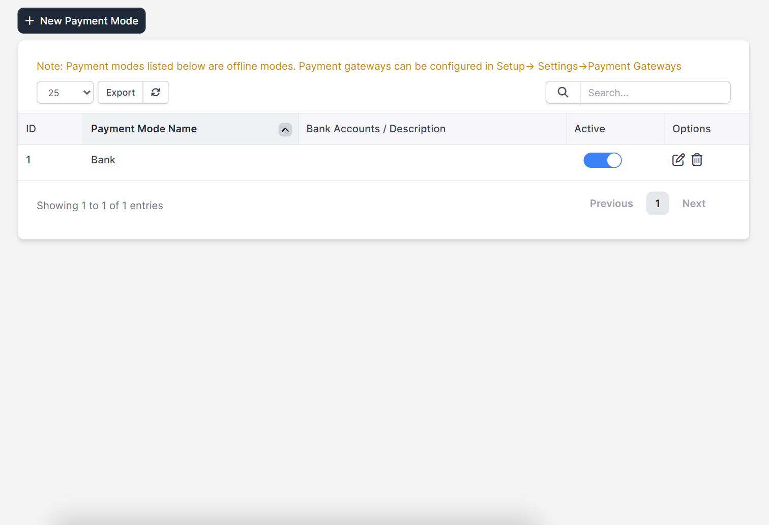 Payment modes list with the offline mode Bank in Perfex CRM