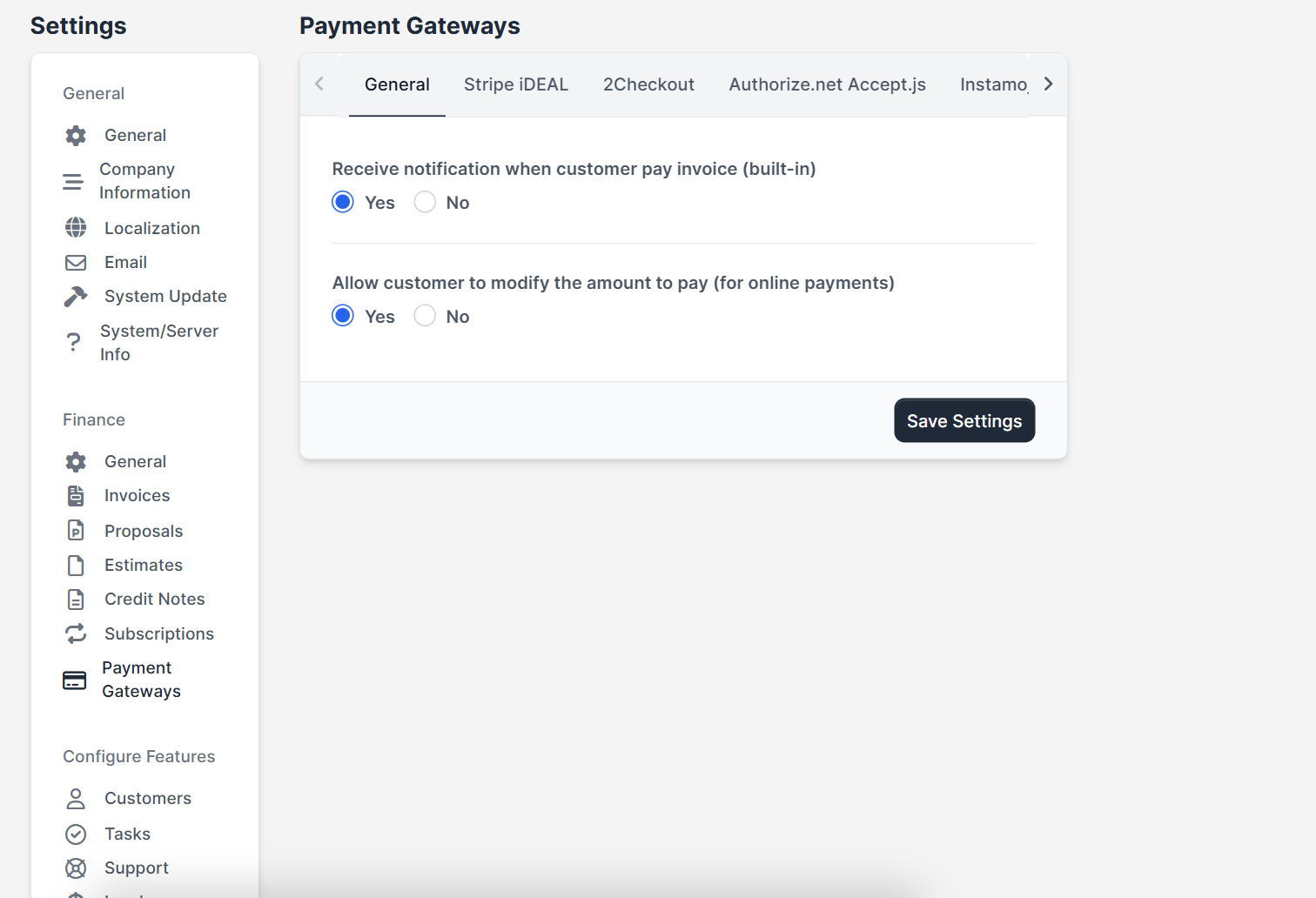 Payment gateway settings with Active switches for Perfex CRM payment methods not showing