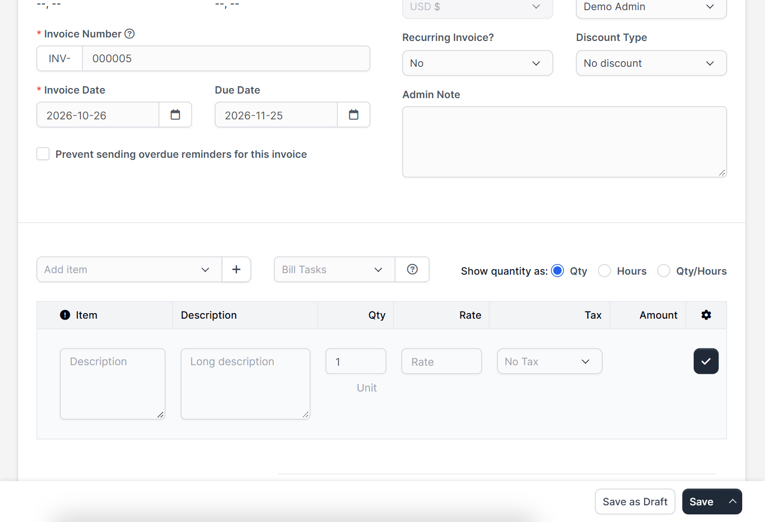 New invoice form where payment modes are chosen