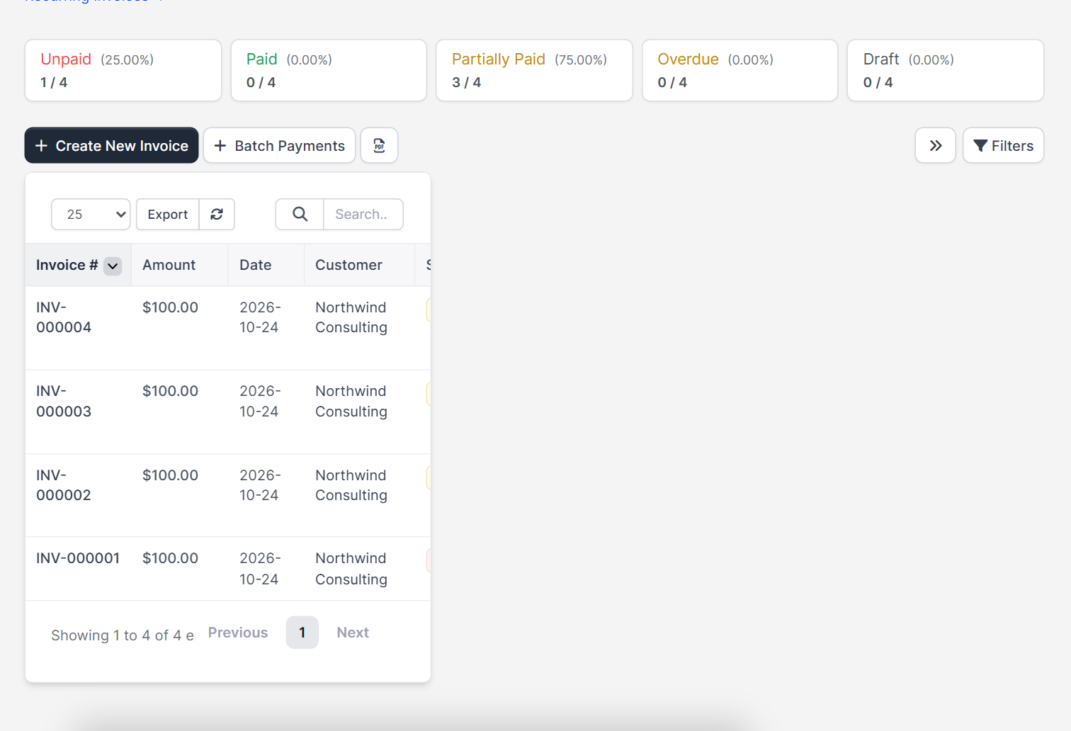 Invoices list used to check the status when payment methods are not showing