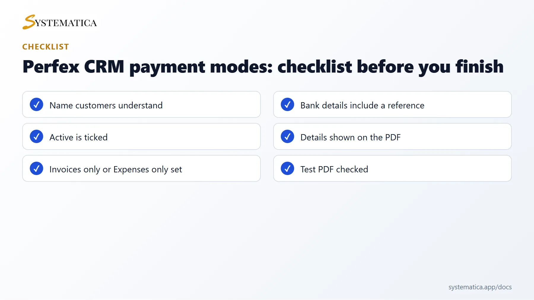 Perfex CRM payment modes checklist before you finish