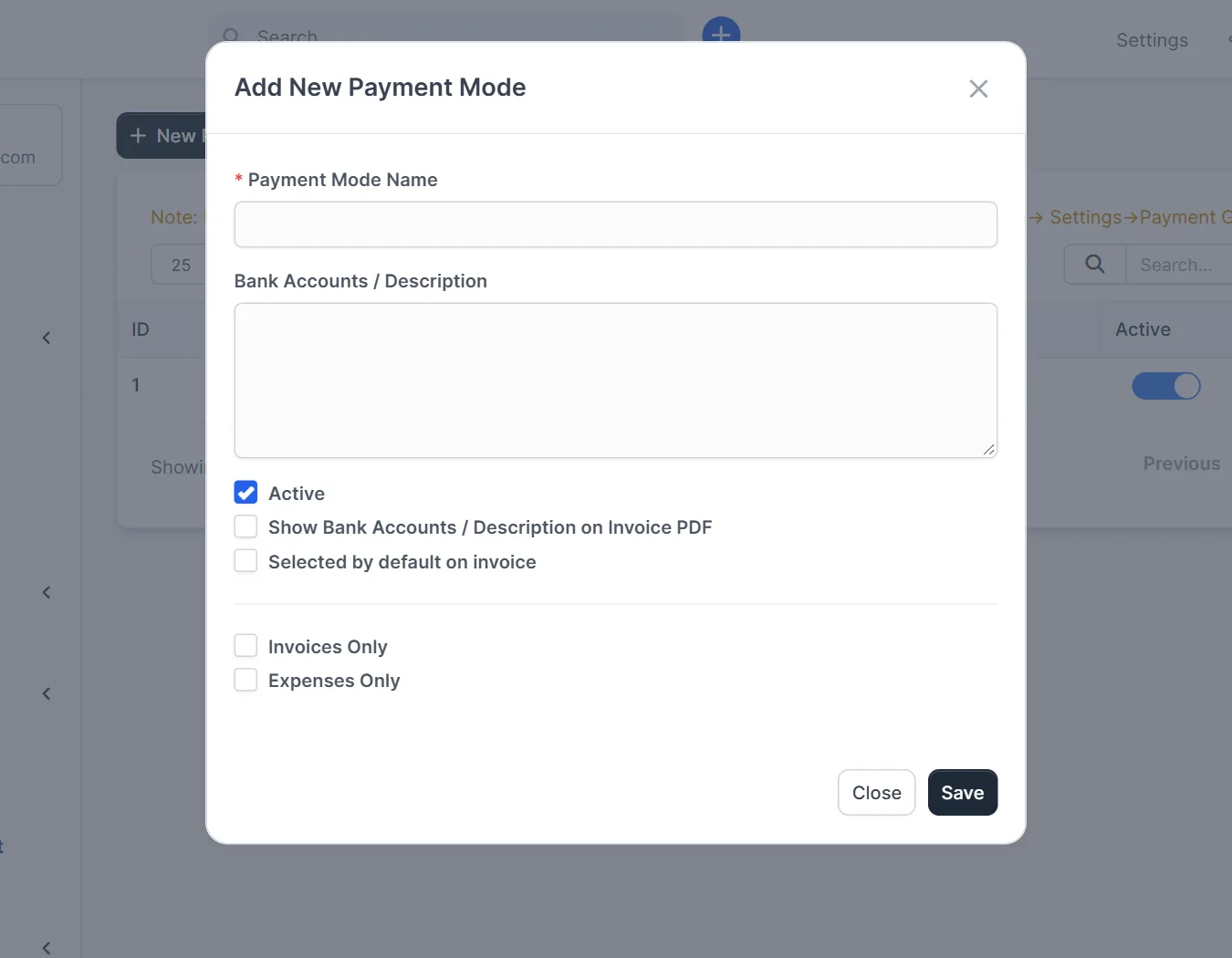 Perfex CRM payment modes form with name, description and invoice options