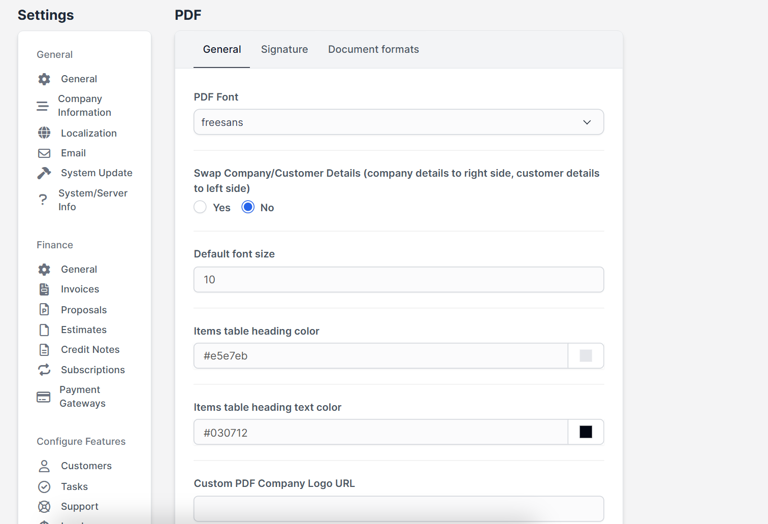 Perfex CRM PDF settings with font, font size and table heading colors