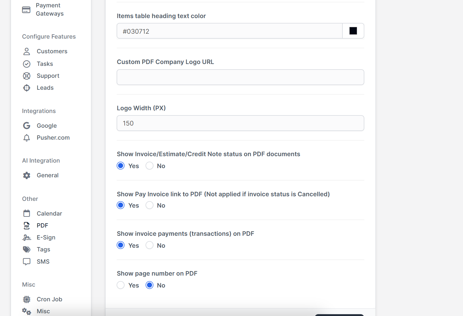 More Perfex CRM PDF settings: logo URL, logo width and what shows on PDF documents