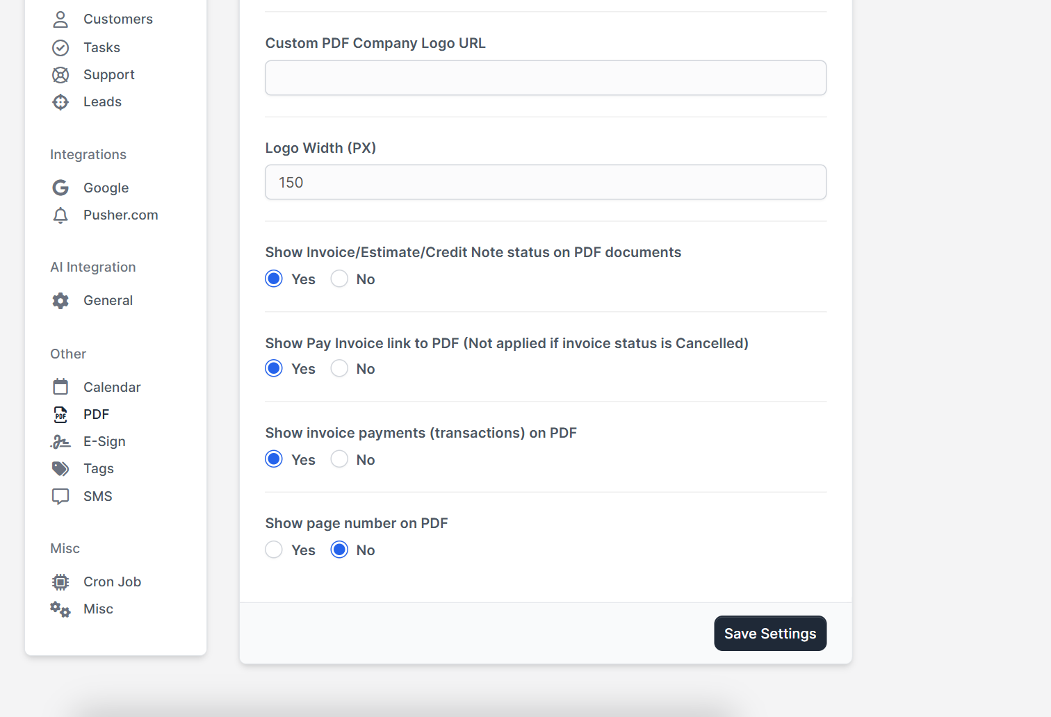 Signature and document format options in Perfex CRM PDF settings