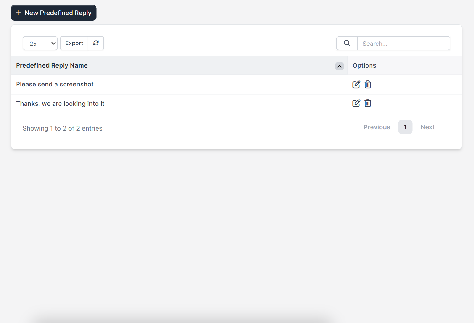 Perfex CRM predefined replies list with edit and delete icons